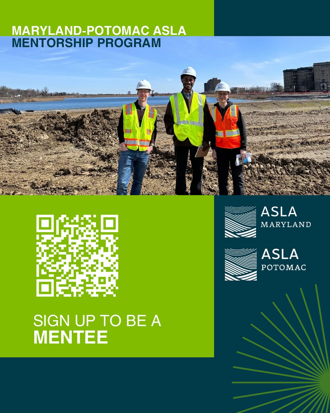 Mentee applications for the Maryland - Potomac ASLA Mentorship Program are now open through September 16! Use the QR code or the link in @asla_md bio to register.

By completing the questionnaire, students provide valuable information that helps us match them with a suitable mentor. ​Once a match is made, students will receive an email with details.
​
Please note: While we aim to pair every student, priority will be given to those in their final years of study due to the limited number of mentors available.