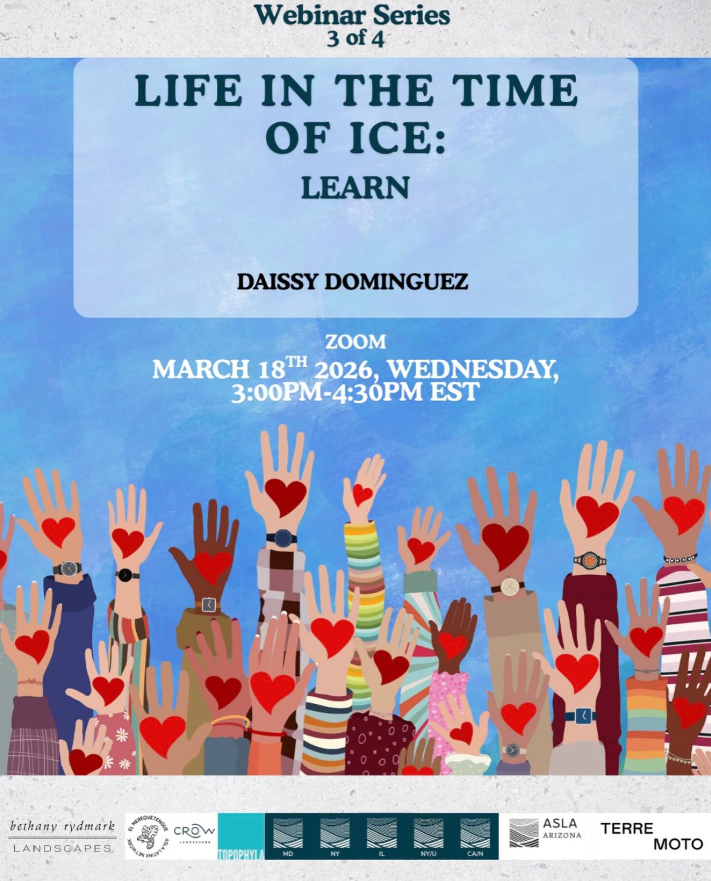 To our Maryland ASLA Community-

The Illinois ASLA Chapter is hosting the third session to their four-part webinar series, Life in the Time of ICE: Learn. Join Daissy Dominguez, an attorney and entrepreneur from JUSTICE CONNECT. Know your rights and learn how to protect your community. 

Register through the link in our bio. 

We encourage you to join the conversation and learn how you can support the immigrant community. 

This event is organized by an active collaboration between El Merequentengue, a network of Latin  American Landscape architects and designers; the private firms of @terremoto_landscape, @topophyla, Bethany Rydmark Landscapes, and @crowlandscapes Landscapes; and by the local Diversity, Equity and Inclusion chapters of the American Society of Landscape Architects (ASLA), including @asla.norcal @ilasla @asla_ny @az_asla @nyupstateasla