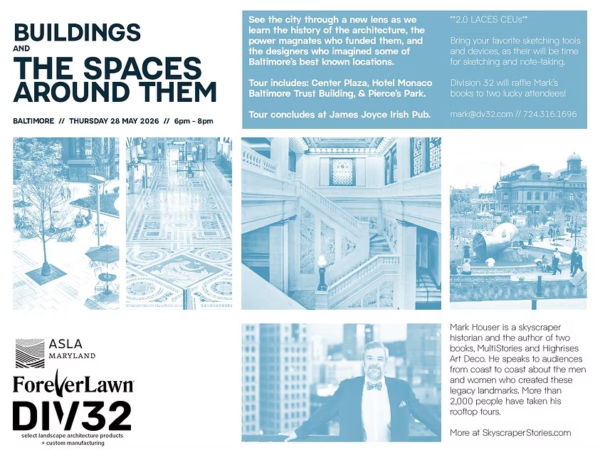 Join us TOMORROW at 6PM for Buildings and the Spaces Around Them — a guided walking and sketch tour through Downtown Baltimore exploring the stories behind some of the city’s most iconic architecture and public spaces. Tour stops include Center Plaza, the B&O Building (Hotel Monaco), Baltimore Trust Building, Pierce’s Park, and more. The evening concludes at James Joyce Irish Pub with a raffle for a chance to win a copy of the tour guide’s book!

This tour is 2.0 LACES CEU approved. Sponsored by @division.32 and @foreverlawninc 

Link in bio for registration!